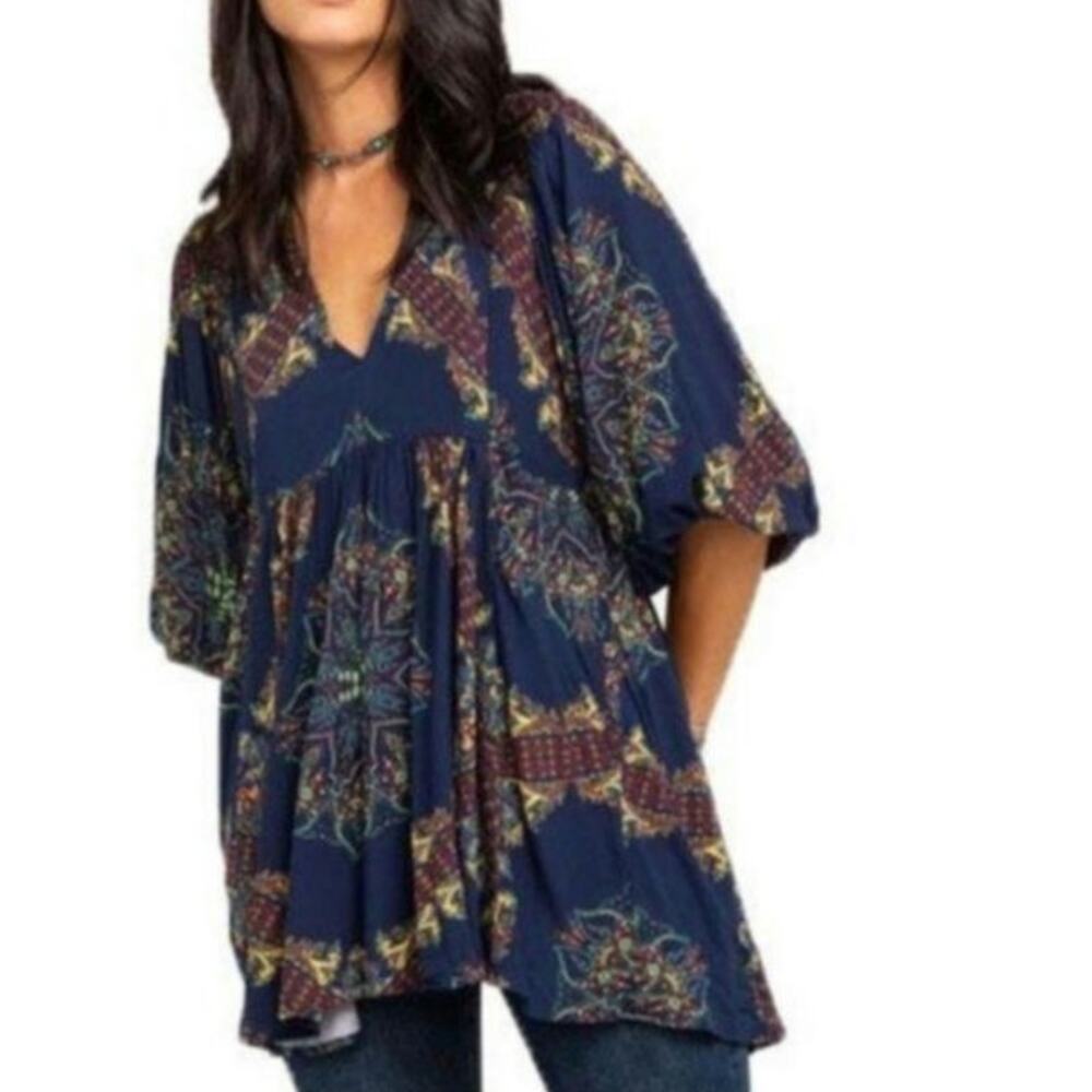 Free People Girl Talk Empire Waist 3/4 Sleeves Navy Boho Swing Tunic: Top Size S